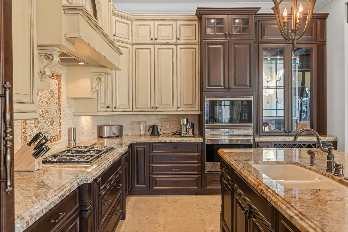 kitchen cabinetry with light beige and dark brown luxury design